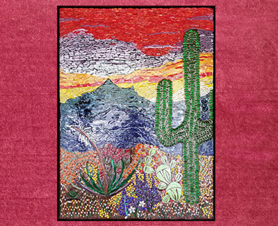 Mosaic picture of a desert scene at sunset